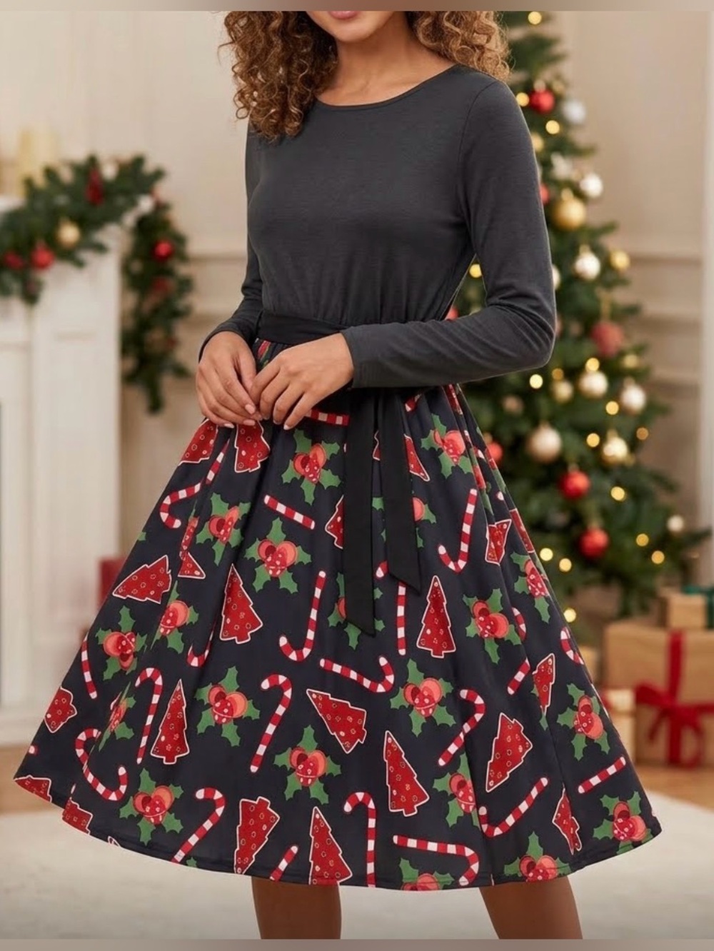 SHEIN Black Top with Red Holiday Print Skirt Long-Sleeve Dress
